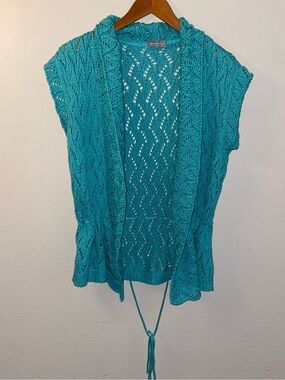 Per Una M&S Turquoise Pointelle Knit Open Front Cardigan Vest Size 14 Boho